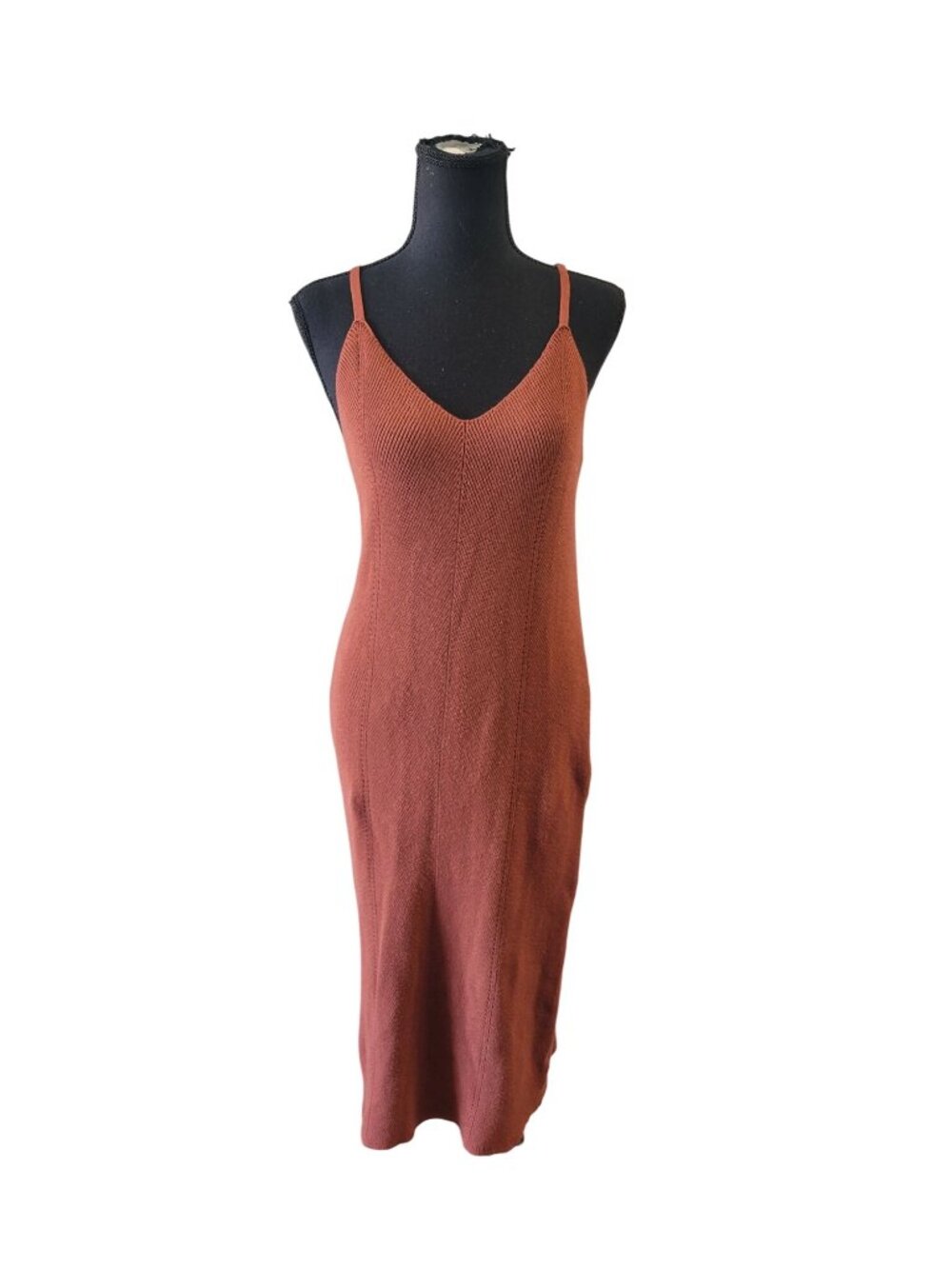 Freshman 1966 terracotta ribbed knit midi dress a classic V-neckline Size M - Picture 2 of 10